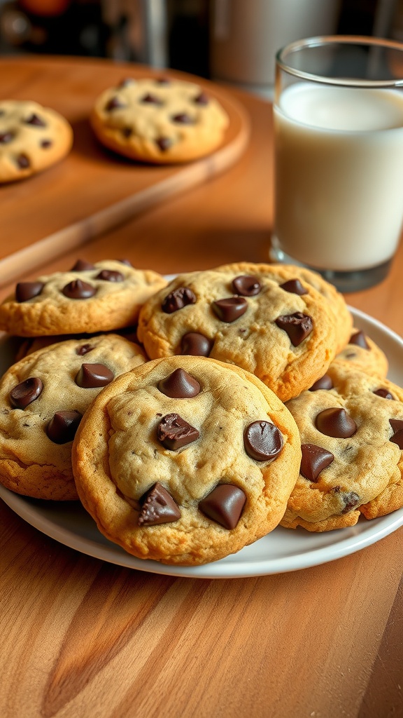 Freshly baked chocolate chip cookies on a plate with a glass of milk.